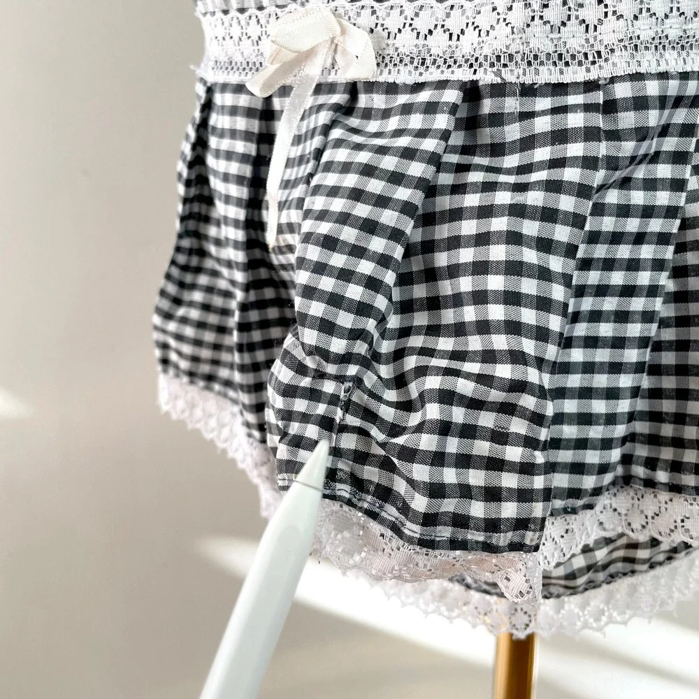 Vintage Gingham Half Apron Black White Check Lace Trim Bows Cottagecore Retro